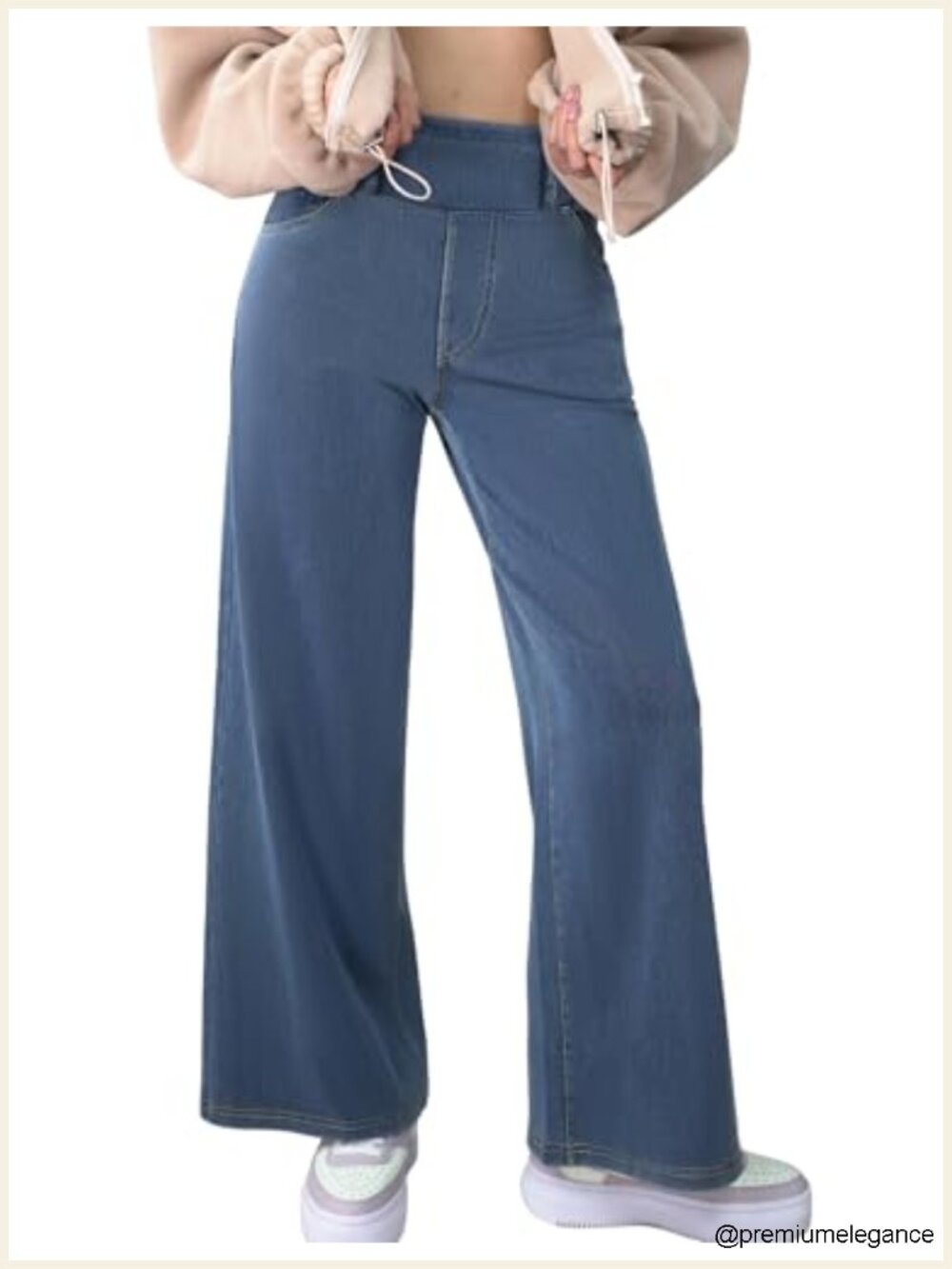 Wide Leg Jeans High Waisted Pull-On Baggy Denim Pants Pockets Stretchy